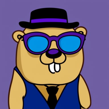 Go Blue Gopher with purple bald, a beard, and black glasses.