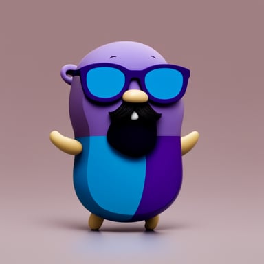 Go Blue Gopher with purple bald, a beard, and black glasses.