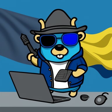 A Go Blue Gopher, cyberpunk style, stands out with a laptop in hand against the background of the Ukraine flag.