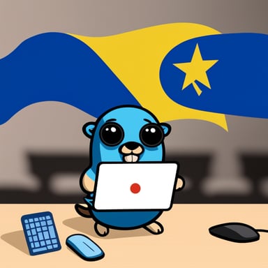 A Go Blue Gopher, cyberpunk style, stands out with a laptop in hand against the background of the Ukraine flag.