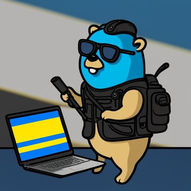 A Go Blue Gopher, cyberpunk style, stands out with a laptop in hand against the background of the Ukraine flag.