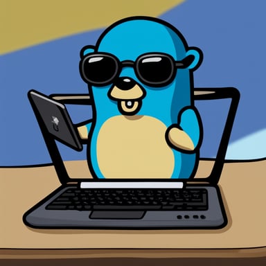 A Go Blue Gopher, cyberpunk style, stands out with a laptop in hand against the background of the Ukraine flag.