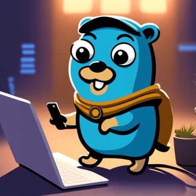 A go blue gopher types on a terminal.