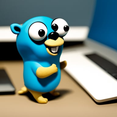 A go blue gopher types on a terminal.