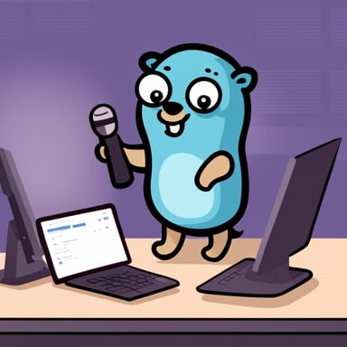 A go blue gopher types on a terminal.