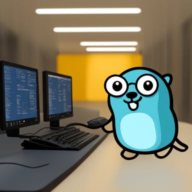 A go blue gopher types on a terminal.