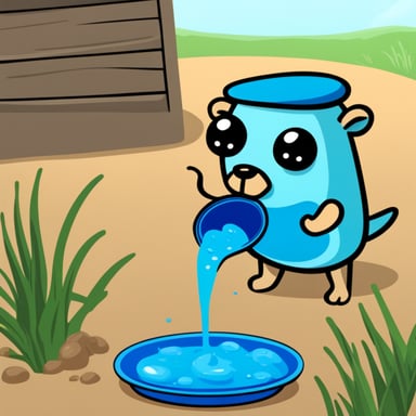 Go Blue Gopher mixing liquids in a large container outdoors in a field.