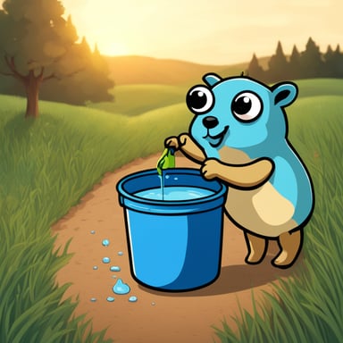 Go Blue Gopher mixing liquids in a large container outdoors in a field.