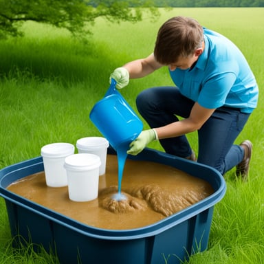 Go Blue Gopher mixing liquids in a large container outdoors in a field.