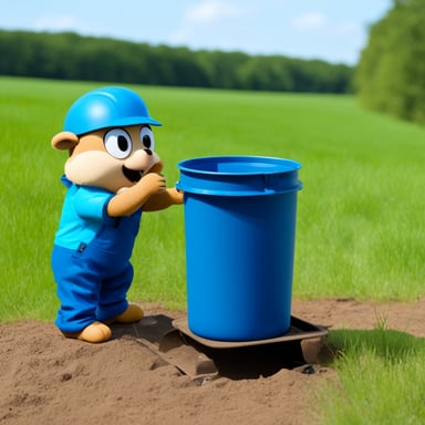 Go Blue Gopher mixing liquids in a large container outdoors in a field.