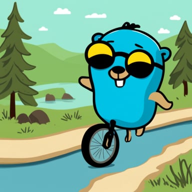 Happy go blue gopher doing a triathlon