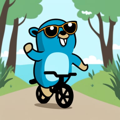 Happy go blue gopher doing a triathlon