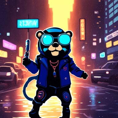 Go Blue Gopher as a cyborg gopher in a leather jacket in a neon cyberpunk city in the rain.