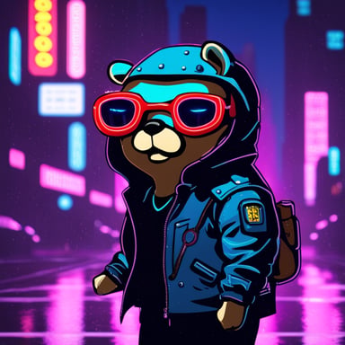 Go Blue Gopher as a cyborg gopher in a leather jacket in a neon cyberpunk city in the rain.