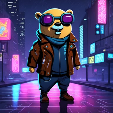 Go Blue Gopher as a cyborg gopher in a leather jacket in a neon cyberpunk city in the rain.