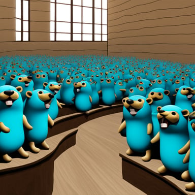 Many Go Blue Gophers at the conference talk with mobile phones.