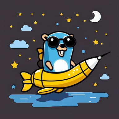 Happy Go Blue Gopher sitting on a rocket.