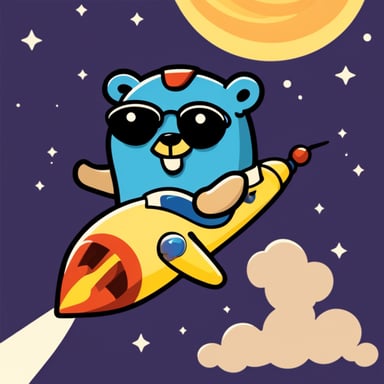 Happy Go Blue Gopher sitting on a rocket.