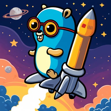 Happy Go Blue Gopher sitting on a rocket.