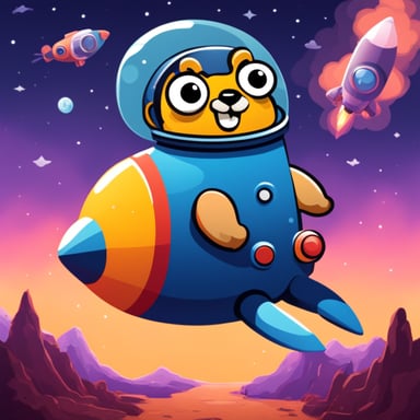 Happy Go Blue Gopher sitting on a rocket.