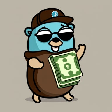 Go Blue Gopher is holding money while wearing a t-shirt.