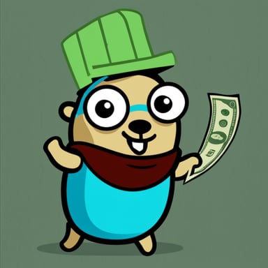 Go Blue Gopher is holding money while wearing a t-shirt.