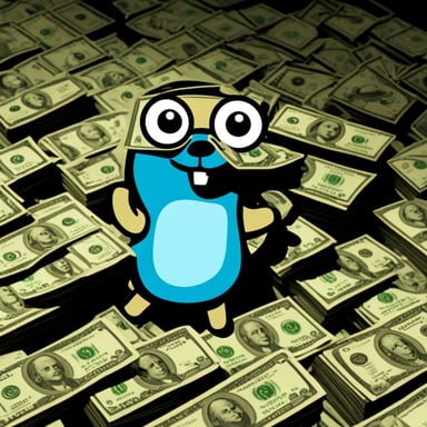 Go Blue Gopher is holding money while wearing a t-shirt.