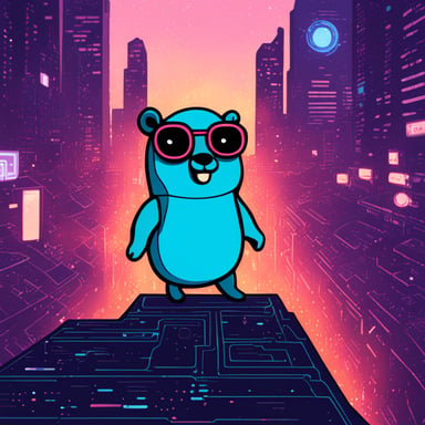 Go Blue Gopher explores a digital world, reminiscent of a cyberpunk cityscape.