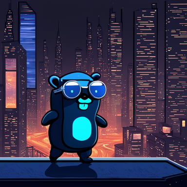Go Blue Gopher explores a digital world, reminiscent of a cyberpunk cityscape.