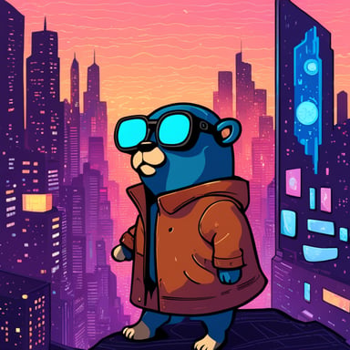 Go Blue Gopher explores a digital world, reminiscent of a cyberpunk cityscape.