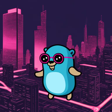 Go Blue Gopher explores a digital world, reminiscent of a cyberpunk cityscape.