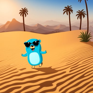 Go Blue Gopher in a desert near a palm tree