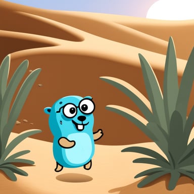 Go Blue Gopher in a desert near a palm tree