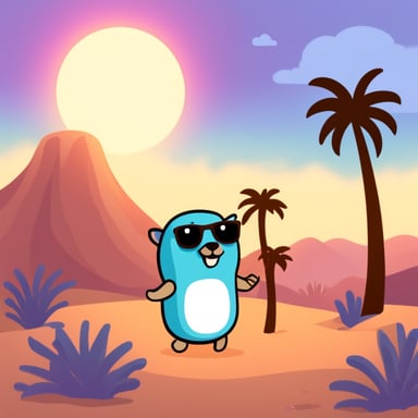 Go Blue Gopher in a desert near a palm tree