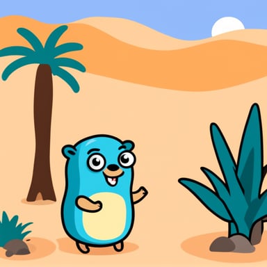 Go Blue Gopher in a desert near a palm tree