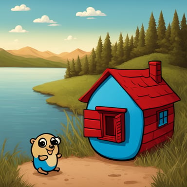A Go Blue Gopher next to a red house which is in front of a lake.