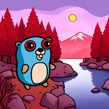 A Go Blue Gopher next to a red house which is in front of a lake.