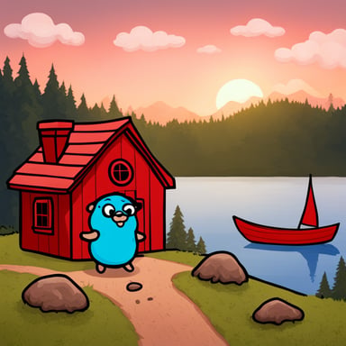 A Go Blue Gopher next to a red house which is in front of a lake.