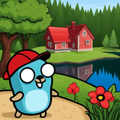 A Go Blue Gopher next to a red house which is in front of a lake.