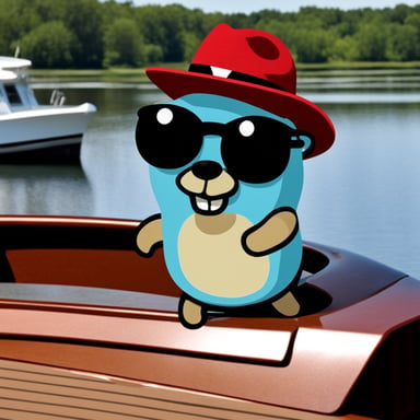 Go Blue Gopher wearing a red fedora hat with a black stripe standing on a boat.