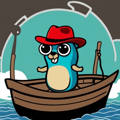 Go Blue Gopher wearing a red fedora hat with a black stripe standing on a boat.