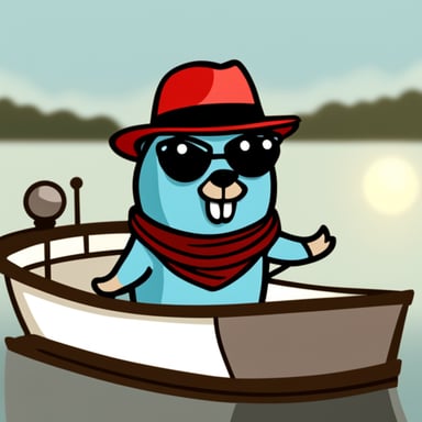 Go Blue Gopher wearing a red fedora hat with a black stripe standing on a boat.