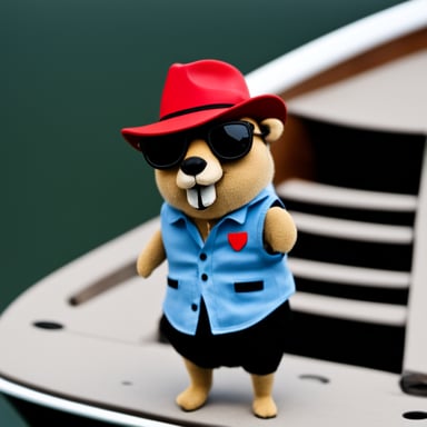 Go Blue Gopher wearing a red fedora hat with a black stripe standing on a boat.