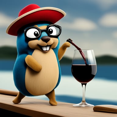 Go Blue Gopher, adorned in a red fedora hat with a black stripe, stands on a boat, sailing and sipping Italian red wine.