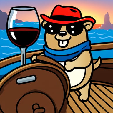 Go Blue Gopher, adorned in a red fedora hat with a black stripe, stands on a boat, sailing and sipping Italian red wine.