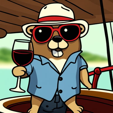 Go Blue Gopher, adorned in a red fedora hat with a black stripe, stands on a boat, sailing and sipping Italian red wine.