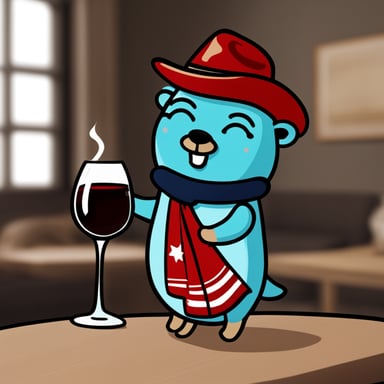 Go Blue Gopher, adorned in a red fedora hat with a black stripe, sails and sips Italian red wine.
