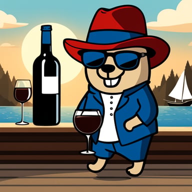 Go Blue Gopher, adorned in a red fedora hat with a black stripe, sails and sips Italian red wine.