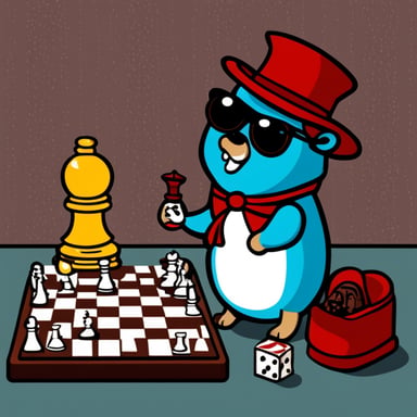 Go Blue Gopher, adorned in a red fedora hat with a black stripe, plays chess with Death.