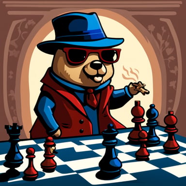 Go Blue Gopher, adorned in a red fedora hat with a black stripe, plays chess with Death.